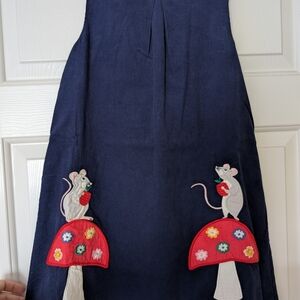 Mini Boden Navy Pinafore Dress with Embroidered Mice and Mushrooms 8-9y NWT